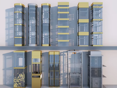 Modern Elevators With Glass Doors And Metal Frames In Various Styles 3d model