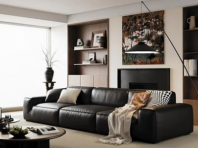 Warm Modern Living Room Interior With Comfortable Black Leather Sofa And Natural Wooden Storage Units 3d model