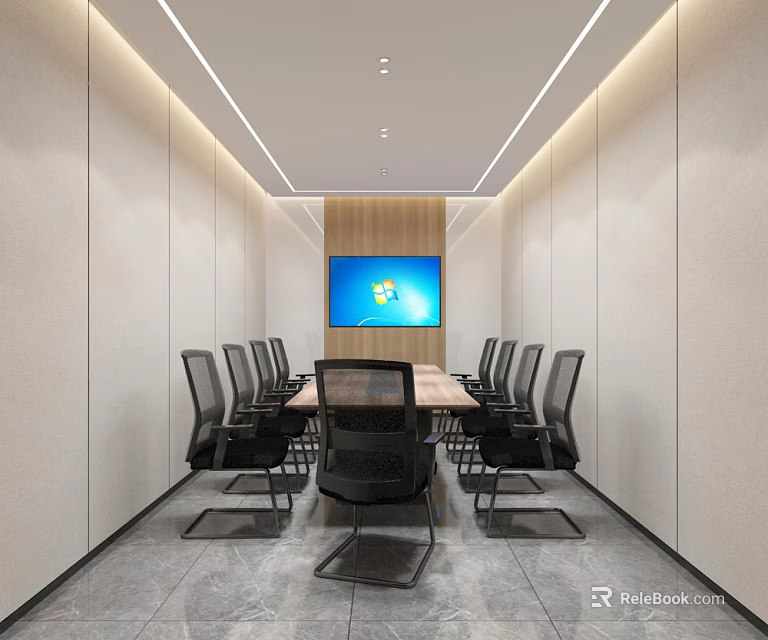 Modern Conference Room With Long Wooden Table Black Chairs Wall TV And Ceiling Lights 3d model 
