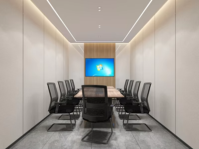 Modern Conference Room With Long Wooden Table Black Chairs Wall TV And Ceiling Lights 3d model