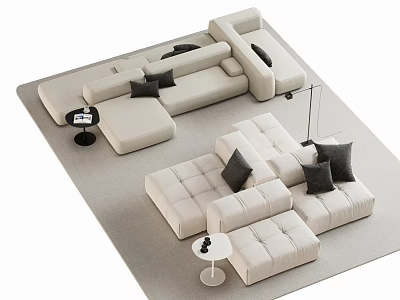 Modern Sectional Sofa With Beige Upholstery Black Cushions Side Tables And Floor Lamp 3d model