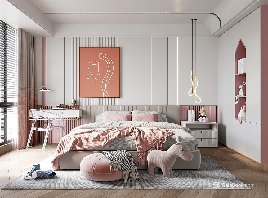 Cozy Kids Room Interior Design With Pink Bed Desk Window Painting Toys And Hanging Light 3d model 