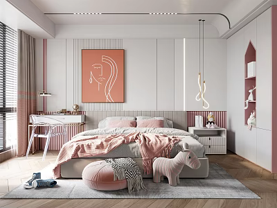 Cozy Kids Room Interior Design With Pink Bed Desk Window Painting Toys And Hanging Light 3d model