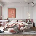 Cozy Kids Room Interior Design With Pink Bed Desk Window Painting Toys And Hanging Light
