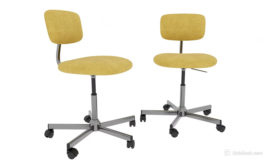 Two Yellow Upholstered Office Chairs With Metal Base And Rolling Wheels 3d model