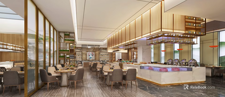 Spacious Modern Restaurant Interior With Wooden Decor Dining Tables Chairs And Warm Lighting 3d model 