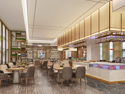 Spacious Modern Restaurant Interior With Wooden Decor Dining Tables Chairs And Warm Lighting 3d model