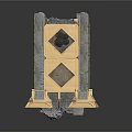 Architectural Structure With Gray Stone Walls Golden Frames Diamond Windows And Flat Roof