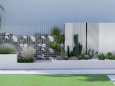Modern Outdoor Plant Combination With Cactus Succulents White Planters Grid Wall And Green Lawn 3d model