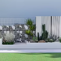 Modern Outdoor Plant Combination With Cactus Succulents White Planters Grid Wall And Green Lawn