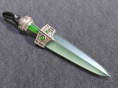Decorative Green Blade Dagger Weapon With Silver Metal Accents Green Gemstones And Black Cord 3d model