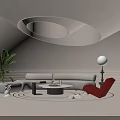 Modern Sofa Coffee Table Combination With Green Plant Round Ceiling Light And Floor Lamp
