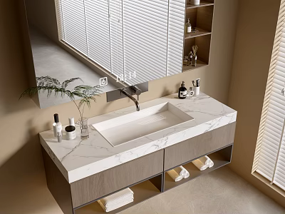 Elegant Washbasin Countertop with Marble Surface Mirror Toiletries and Storage Cabinets near Shutter 3d model