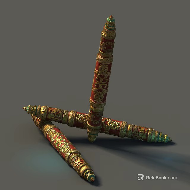 Three Ancient Ornate Red And Gold Weapons With Crossed Carved Patterns Traditional Design 3d model 