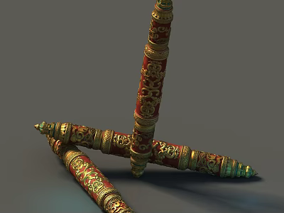 Three Ancient Ornate Red And Gold Weapons With Crossed Carved Patterns Traditional Design 3d model