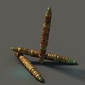 Three Ancient Ornate Red And Gold Weapons With Crossed Carved Patterns Traditional Design