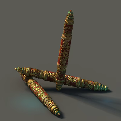Three Ancient Ornate Red And Gold Weapons With Crossed Carved Patterns Traditional Design 3d model