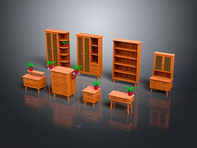 Wooden Furniture Collection Including Glass Door Cabinets Bookshelves And Side Tables With Potted Plants 3d model