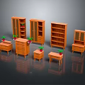 Wooden Furniture Collection Including Glass Door Cabinets Bookshelves And Side Tables With Potted Plants