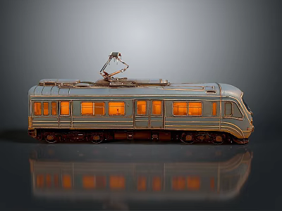 Model Train with Silver Body Pantograph Orange Lit Windows and Reflection on Gray Background 3d model
