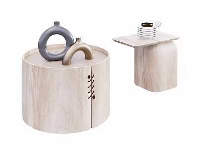 Modern Wooden Nightstands with Round and Square Designs Featuring Vases Cups and Dishes 3d model