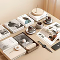 Stylish Stacked Books And Open Magazines On Tabletop With Coffee Cups Watch And Mobile Phone