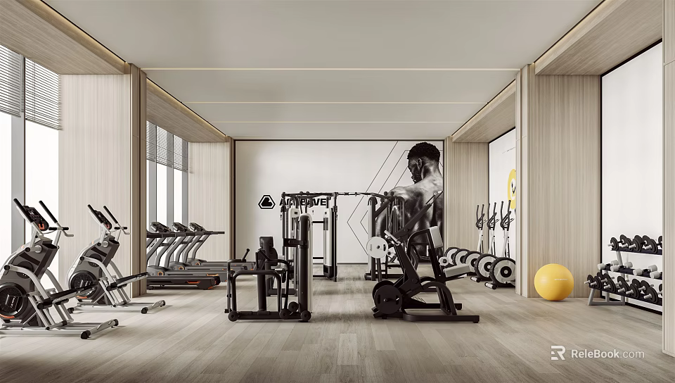 Bright Spacious Gym Interior With Treadmills Dumbbells Weight Machines Fitness Poster And Wooden Walls 3d model 