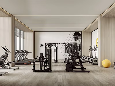 Bright Spacious Gym Interior With Treadmills Dumbbells Weight Machines Fitness Poster And Wooden Walls 3d model