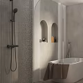 Modern Bathroom With Arch Niche Gray Walls Bathtub And Towel