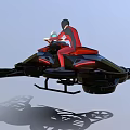 Futuristic Hoverbike With Multiple Rotors And Red Clad Pilot In Flight