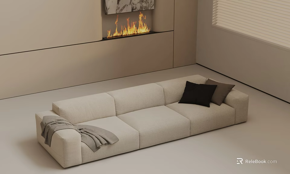 Beige Three Seater Sofa with Black Pillow and Gray Throw Blanket in Modern Living Room 3d model 