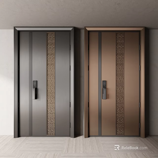 Modern Design Security Doors With Black And Gold Finish Vertical Stripes And Decorative Patterns 3d model 