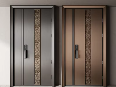 Modern Design Security Doors With Black And Gold Finish Vertical Stripes And Decorative Patterns 3d model