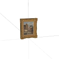 Antique Street Scene Painting In Ornate Golden Frame With Historic Buildings