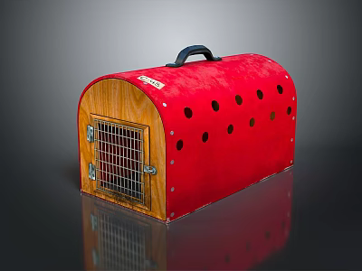 Red Pet Carrier With Wooden Frame Black Handle Circular Holes And Metal Grid Door 3d model