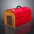 Red Pet Carrier With Wooden Frame Black Handle Circular Holes And Metal Grid Door