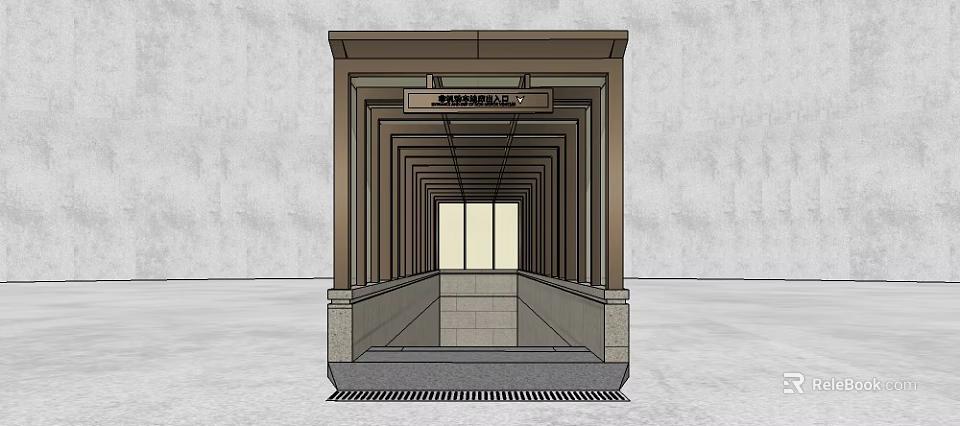 Covered Walkway With Wooden Frame Ceiling Signboard And End Windows 3d model 