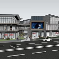 Modern Commercial Street Scene With Glass Facades Pedestrians And Outdoor Seating