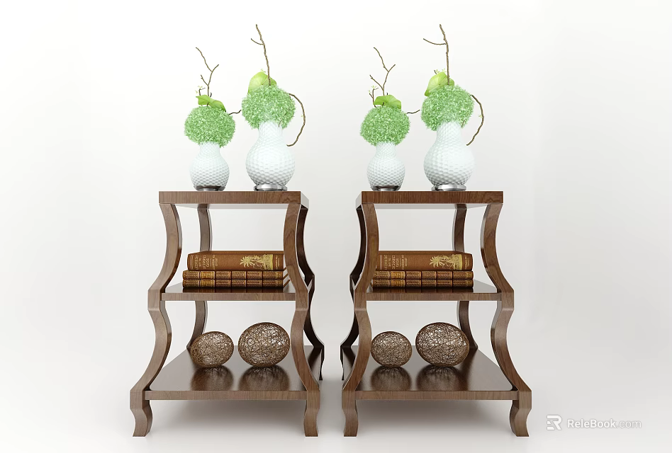 Wooden Multi Tiered Display Shelves With Vases Green Plants Books And Spherical Ornaments 3d model 