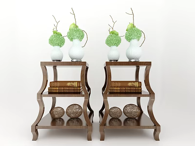 Wooden Multi Tiered Display Shelves With Vases Green Plants Books And Spherical Ornaments 3d model