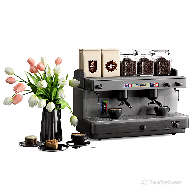 Modern Coffee Machine With Coffee Beans Flowers And Pastries In Kitchen 3d model 