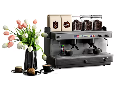 Modern Coffee Machine With Coffee Beans Flowers And Pastries In Kitchen 3d model