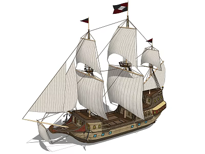Detailed Historical Sailing Ship Model Featuring White Sails Wooden Hull And Flagged Masts 3d model