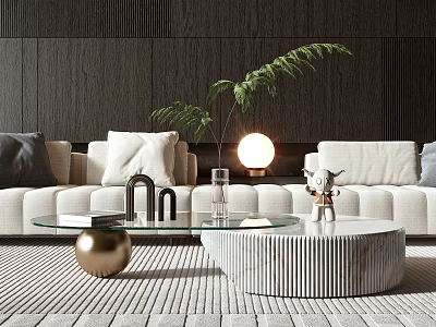 Stylish Coffee Table With Glass Top And Textured Base Near Beige Sofa Green Plant And Lamp 3d model