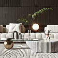 Stylish Coffee Table With Glass Top And Textured Base Near Beige Sofa Green Plant And Lamp
