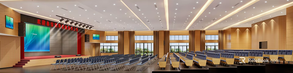 Spacious Conference Room Interior With Wooden Panels Large Windows And Rows Of Chairs 3d model 