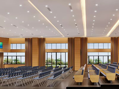 Spacious Conference Room Interior With Wooden Panels Large Windows And Rows Of Chairs 3d model