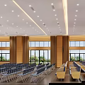 Spacious Conference Room Interior With Wooden Panels Large Windows And Rows Of Chairs
