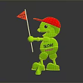 Green Robot Character With Red Cap Holding Caution Flag And SLOW Text On Chest