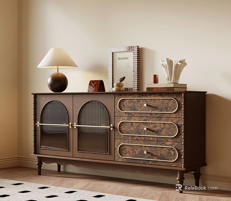 Elegant Retro Wooden Sideboard Cabinet With Arched Glass Doors And Patterned Drawers For Home Storage 3d model 